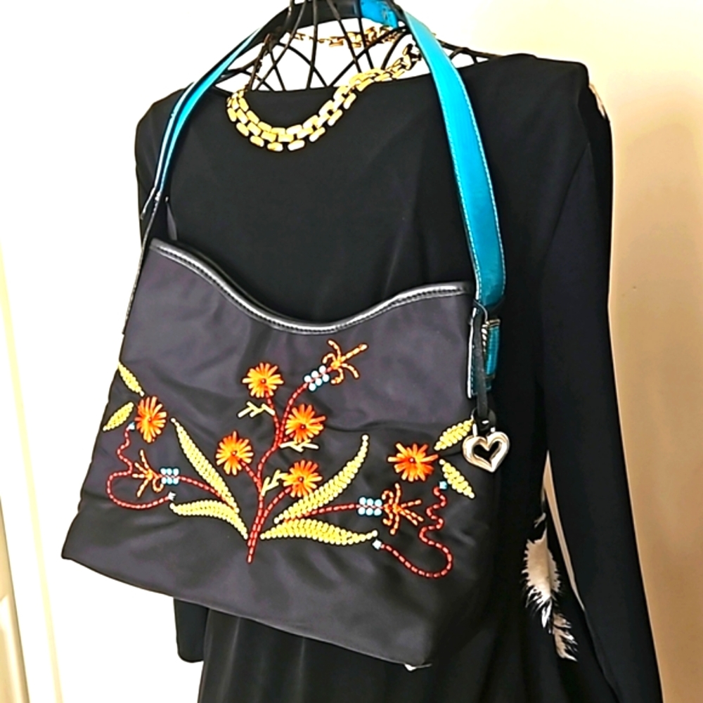 Brighton Collectible 2000 Black and Blue Shoulder Bag with Floral Embroidery